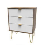 Linear White and Vintage Oak 3 Drawer Midi Chest with Gold Hairpin Legs