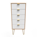 Linear White and Bardolino Oak 5 Drawer Bedside Cabinet with Gold Hairpin Legs
