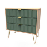 Cube Labrador Green and Bardolino Oak 3 Drawer Chest with Gold Hairpin Legs