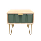 Cube Labrador Green and Bardolino Oak 1 Drawer Bedside Cabinet with Gold Hairpin Legs