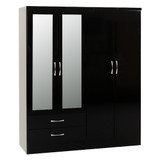 Nevada Black Gloss 4 Door 2 Drawer Mirrored Wardrobe