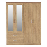 Charles Oak Effect 4 Door 2 Drawer Mirrored Wardrobe