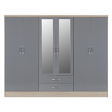 Nevada Grey and Oak 6 Door 2 Drawer Mirrored Wardrobe