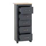 Portland Grey and Oak 5 Drawer Narrow Chest