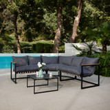 Marbella Corner Sofa with Dark Grey Cushions and Table