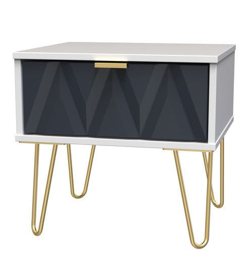 Diamond Indigo White 1 Drawer Bedside Cabinet with Gold Hairpin Legs