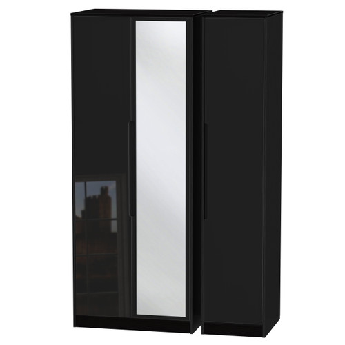 Monaco Black Gloss Triple Wardrobe (2 Door Mirrored and 1 Door)