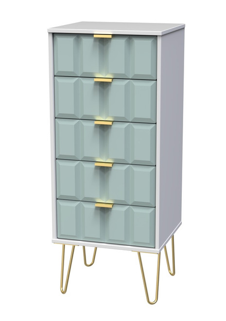 Cube Duck Blue and White Matt 5 Drawer Bedside Cabinet with Gold Hairpin Legs Welcome Furniture