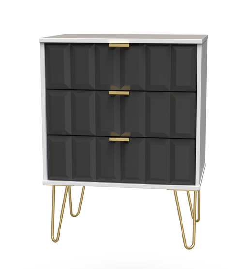 Cube Graphite and White 3 Drawer Midi Chest with Gold Hairpin Legs Welcome Furniture