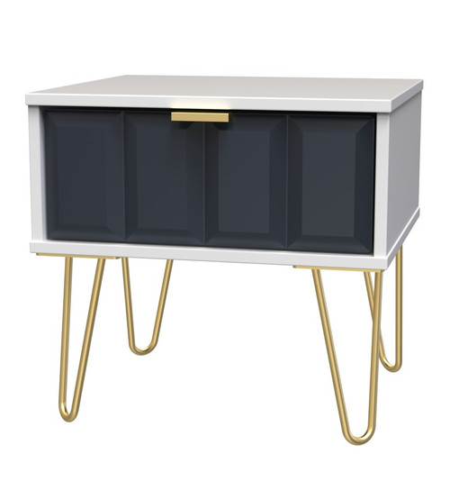 Cube Indigo and White 1 Drawer Bedside Cabinet with Gold Hairpin Legs Welcome Furniture