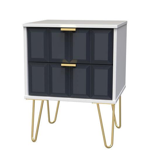 Cube Indigo and White 2 Drawer Bedside Cabinet with Gold Hairpin Legs Welcome Furniture