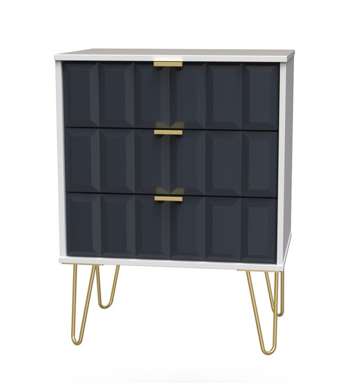 Cube Indigo and White 3 Drawer Midi Chest with Gold Hairpin Legs Welcome Furniture