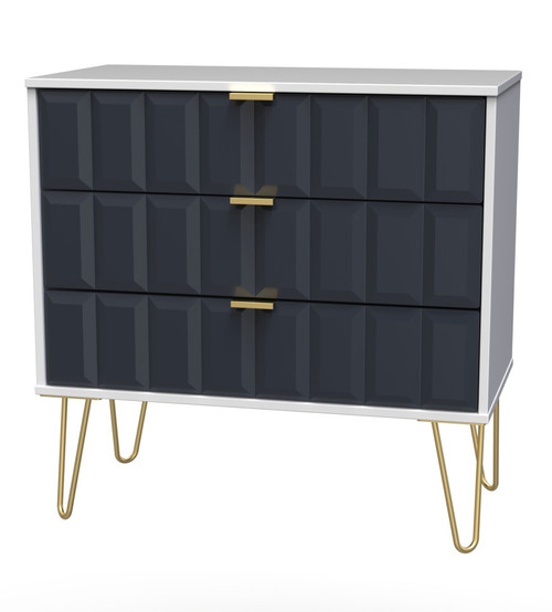 Cube Indigo and White 3 Drawer Chest with Gold Hairpin Legs Welcome Furniture