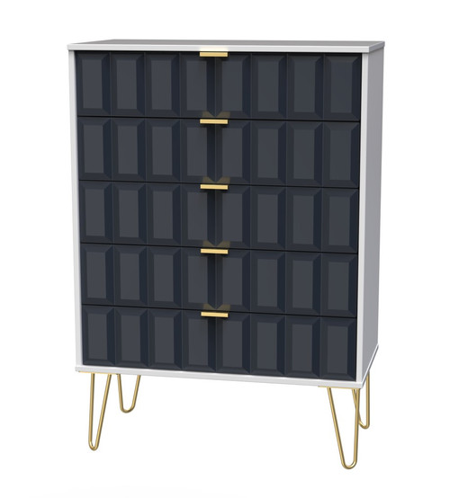 Cube Indigo and White 5 Drawer Chest with Gold Hairpin Legs Welcome Furniture