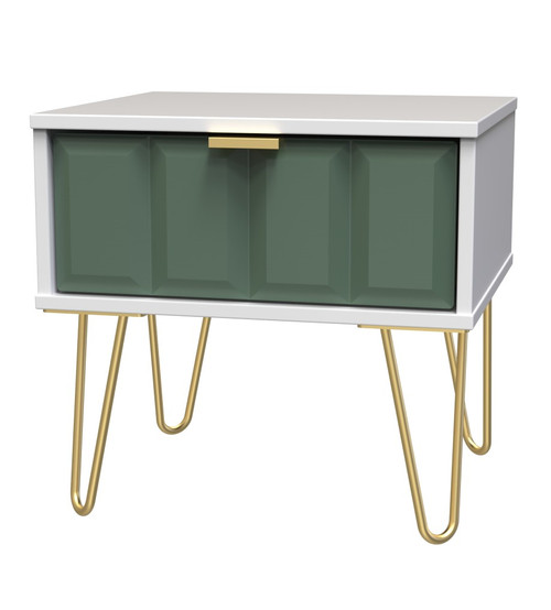 Cube Labrador Green and White 1 Drawer Bedside Cabinet with Gold Hairpin Legs Welcome Furniture