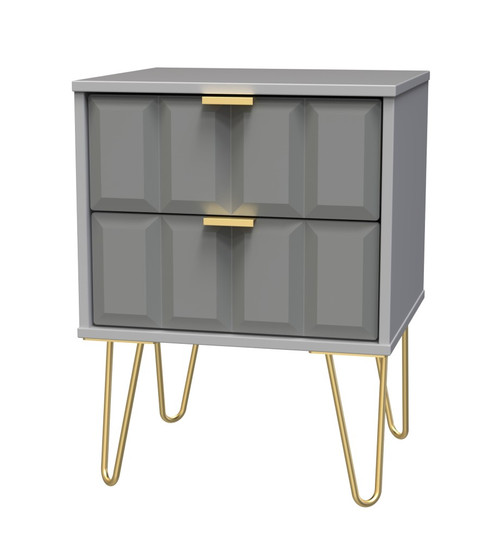 Cube Shadow Matt Grey 2 Drawer Bedside Cabinet with Gold Hairpin Legs Welcome Furniture