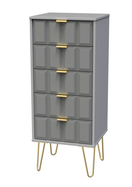 Cube Shadow Matt Grey 5 Drawer Bedside Cabinet with Gold Hairpin Legs Welcome Furniture