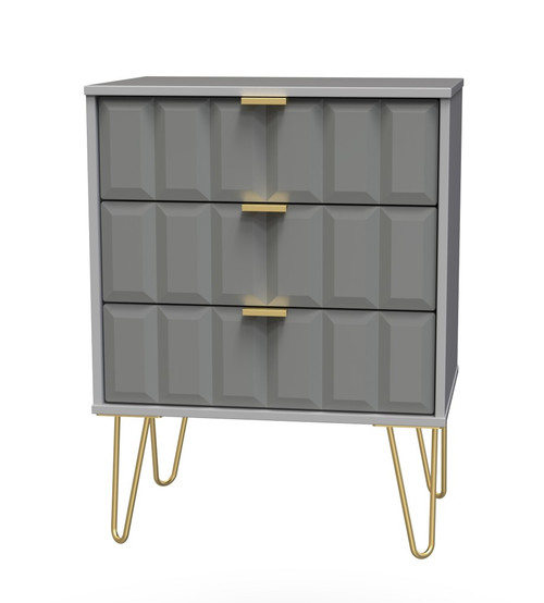 Cube Shadow Matt Grey 3 Drawer Midi Chest with Gold Hairpin Legs Welcome Furniture