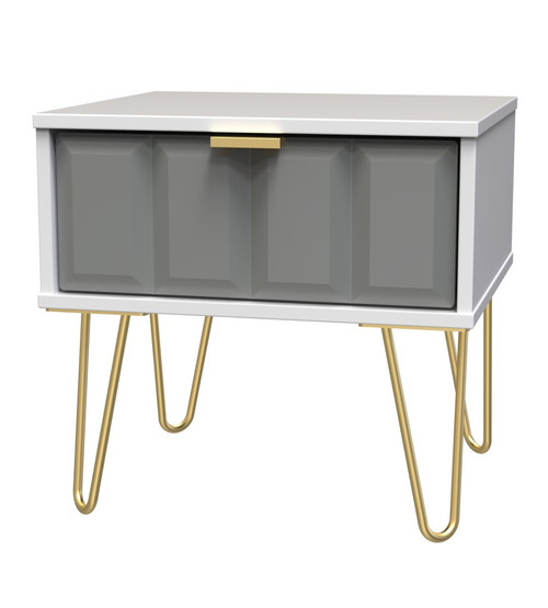 Cube Shadow Grey and White 1 Drawer Bedside Cabinet with Gold Hairpin Legs Welcome Furniture