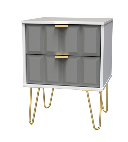 Cube Shadow Grey and White 2 Drawer Bedside Cabinet with Gold Hairpin Legs Welcome Furniture