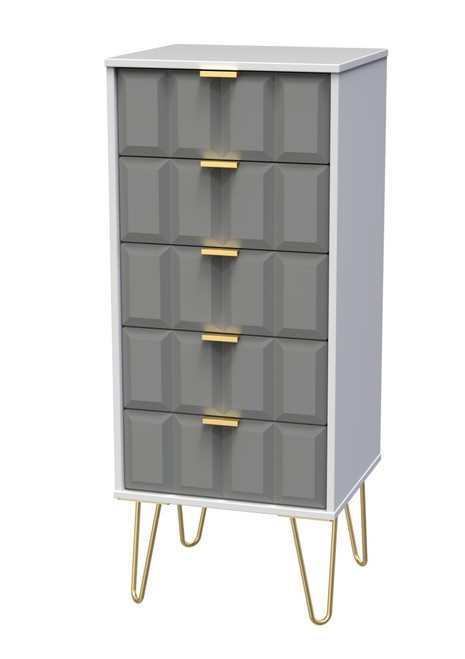 Cube Shadow Grey and White 5 Drawer Bedside Cabinet with Gold Hairpin Legs Welcome Furniture