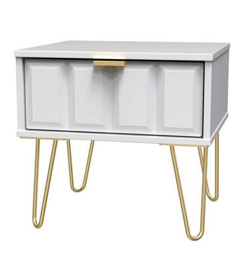 Cube White Matt 1 Drawer Bedside Cabinet with Gold Hairpin Legs Welcome Furniture