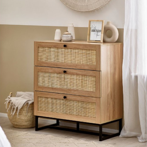 Padstow 3 Drawer Oak & Rattan Chest