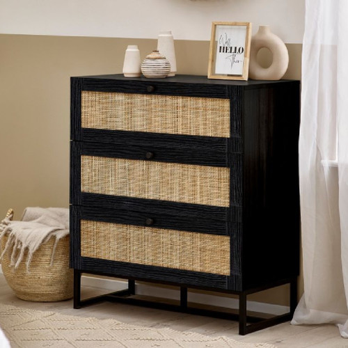 Padstow 3 Drawer Black & Rattan Chest