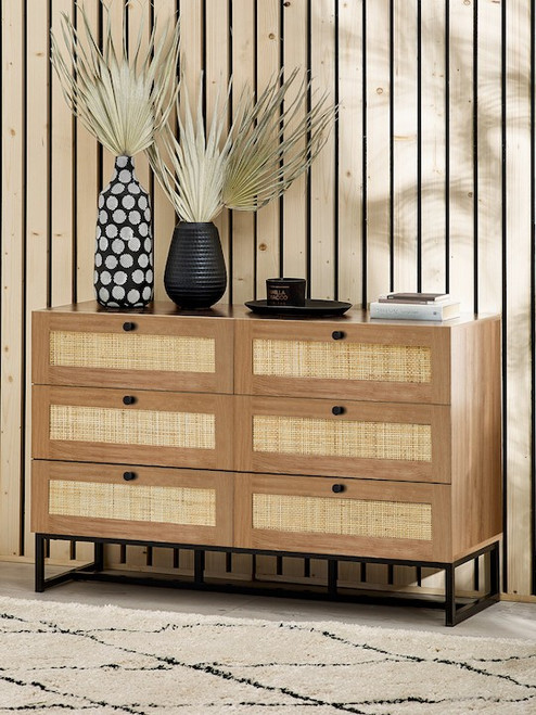 Padstow 6 Drawer Oak & Rattan Chest