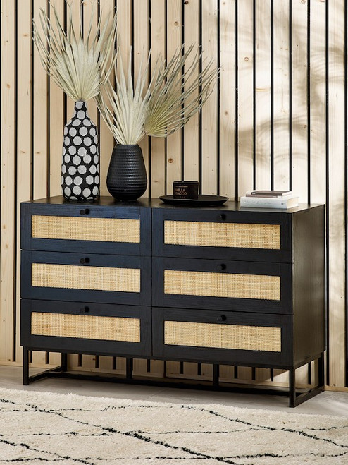 Padstow 6 Drawer Black & Rattan Chest