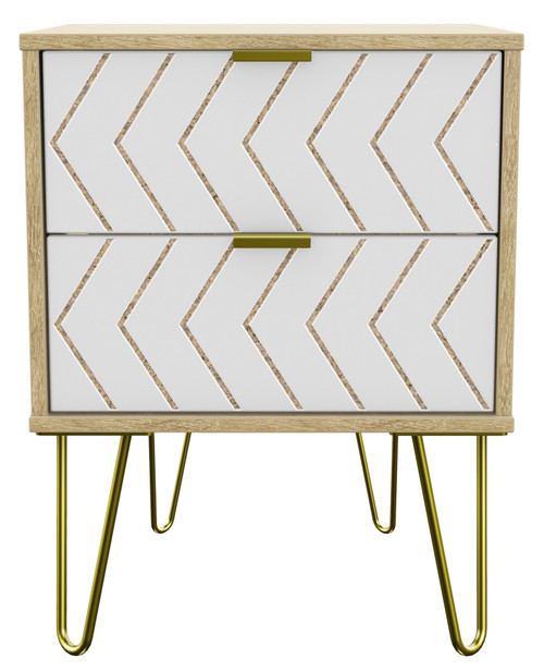 Hong Kong Jigsaw White Bardolino 2 Drawer Bedside Cabinet with Gold Hairpin Legs Welcome Furniture