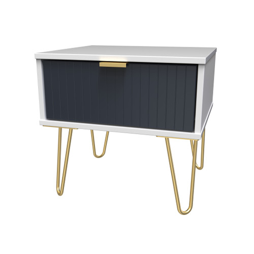 Linear Indigo and White 1 Drawer Bedside Cabinet with Gold Hairpin Legs
