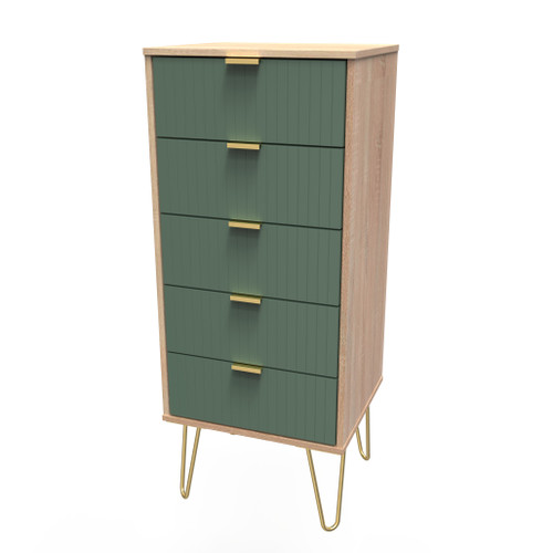 Linear Labrador Green and Bardolino 5 Drawer Bedside Cabinet with Gold Hairpin Legs