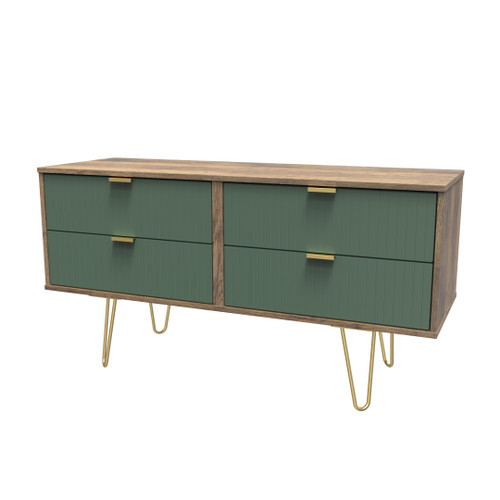Linear Labrador Green and Vintage Oak 4 Drawer Bed Box with Gold Hairpin Legs