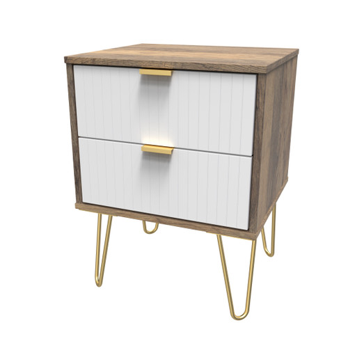 Linear White and Vintage Oak 2 Drawer Bedside Cabinet with Hairpin Legs