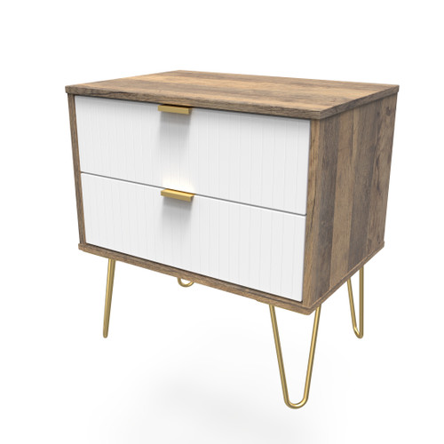 Linear White and Vintage Oak 2 Drawer Midi Chest with Gold Hairpin Legs