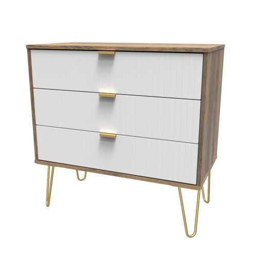 Linear White and Vintage Oak 3 Drawer Chest with Gold Hairpin Legs