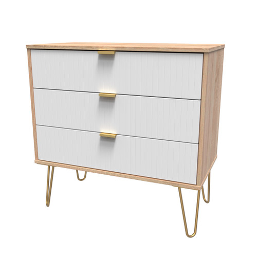 Linear White and Bardolino Oak 3 Drawer Chest with Gold Hairpin Legs