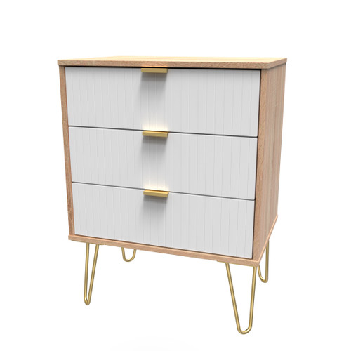 Linear White and Bardolino Oak 3 Drawer Midi Chest with Gold Hairpin Legs