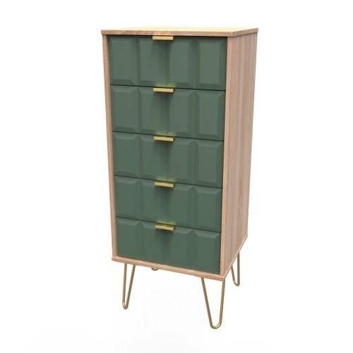 Cube Labrador Green and Bardolino Oak 5 Drawer Bedside Cabinet with Gold Hairpin Legs