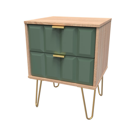 Cube Labrador Green and Bardolino Oak 2 Drawer Bedside Cabinet with Gold Hairpin Legs