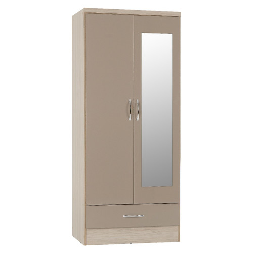 Nevada Oyster Gloss 2 Door 1 Drawer Mirrored Wardrobe