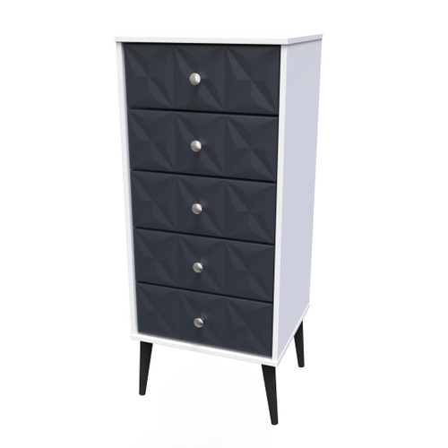 Pixel Indigo and White 5 Drawer Bedside Cabinet with Dark Scandinavian Legs