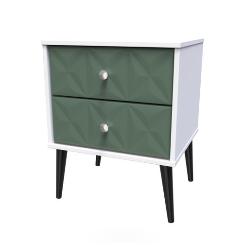 Pixel Labrador Green and White 2 Drawer Bedside Cabinet with Dark Scandinavian Legs