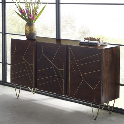 Dark Gold Reclaimed Wood 2 Door 3 Drawer Sideboard with Gold Legs