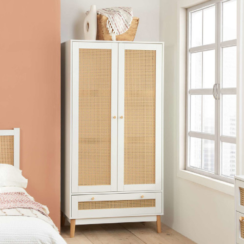 Croxley 2 Door 1 Drawer White and Rattan Wardrobe