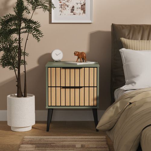 Fiji Oak Slatted and Reed Green 2 Drawer Bedside Cabinet