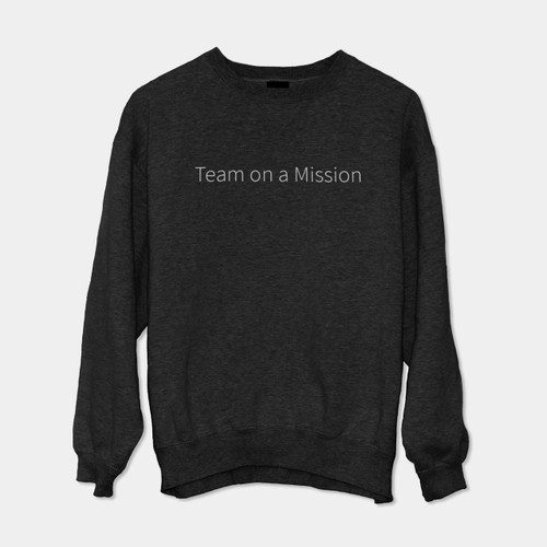 Gray sweatshirt with text "Team on a mission" across the front.