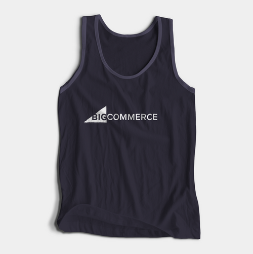Navy blue BigCommerce logo tank top, front view laying flat.