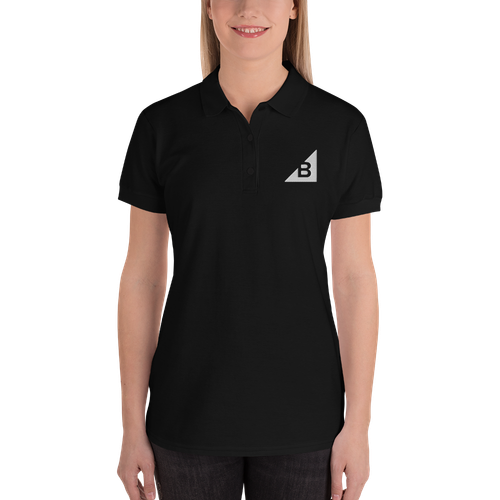 Women's B Mark polo t-shirt front view, on a small model.